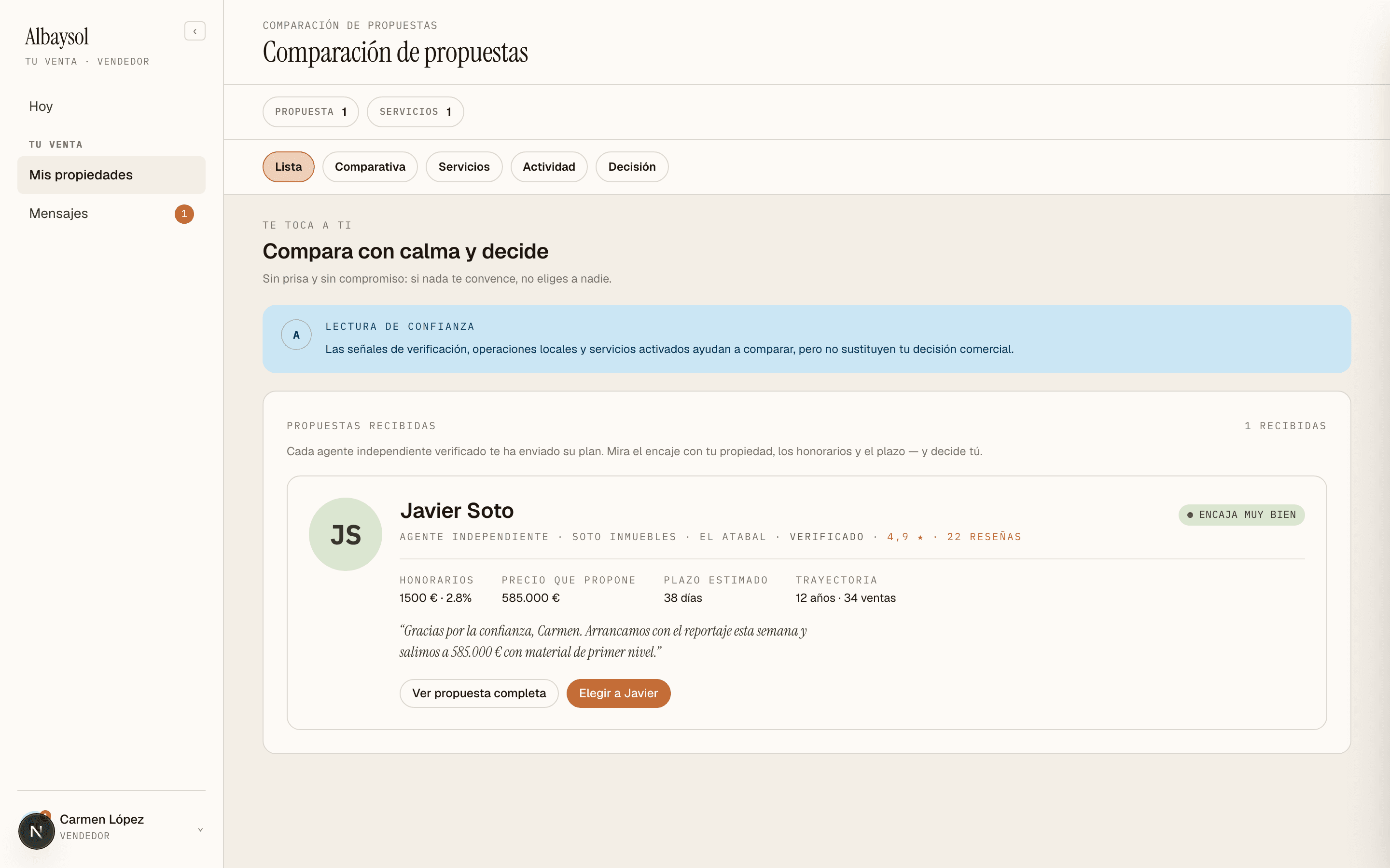 El comparador de propuestas del vendedor